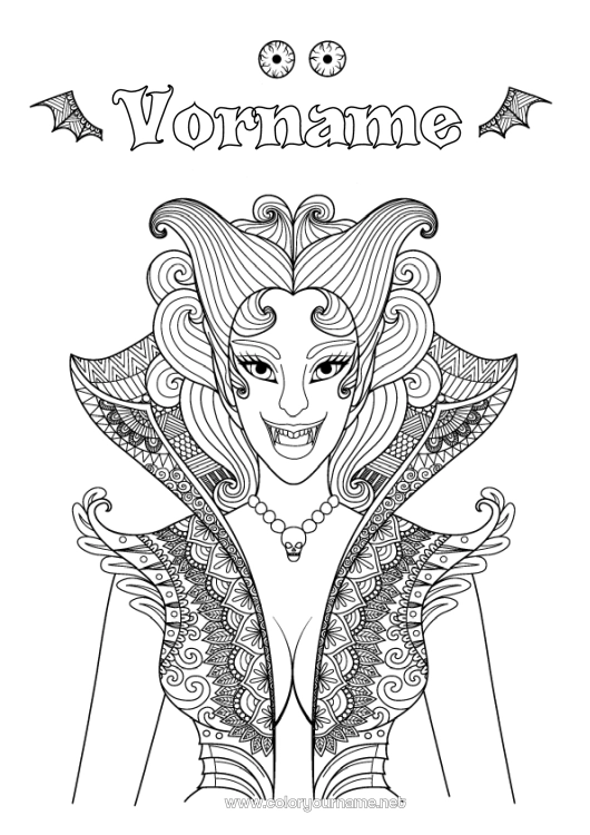Malvorlage zum Ausdrucken Vampir Halloween Mädchen Zentangle Frau