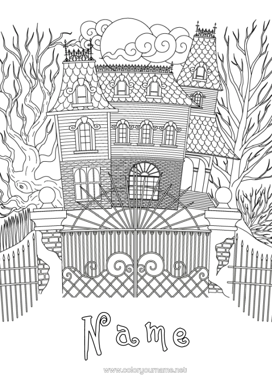 Colouring page to print Halloween House Zentangle Haunted Manor