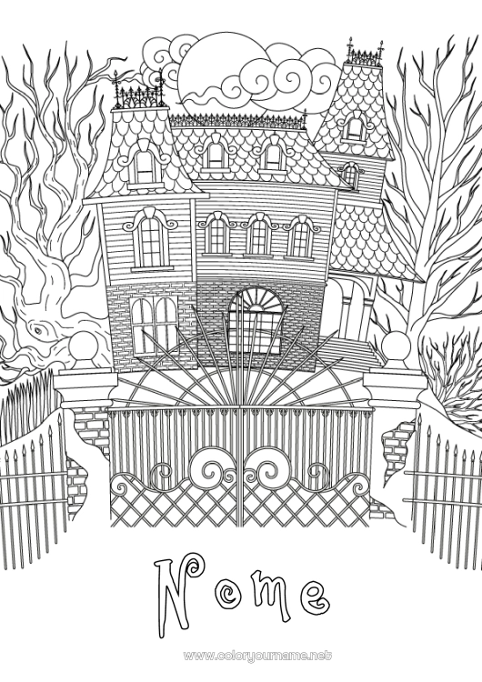 Página de desenho para imprimir Halloween Casa Zentangle Mansão Assombrada