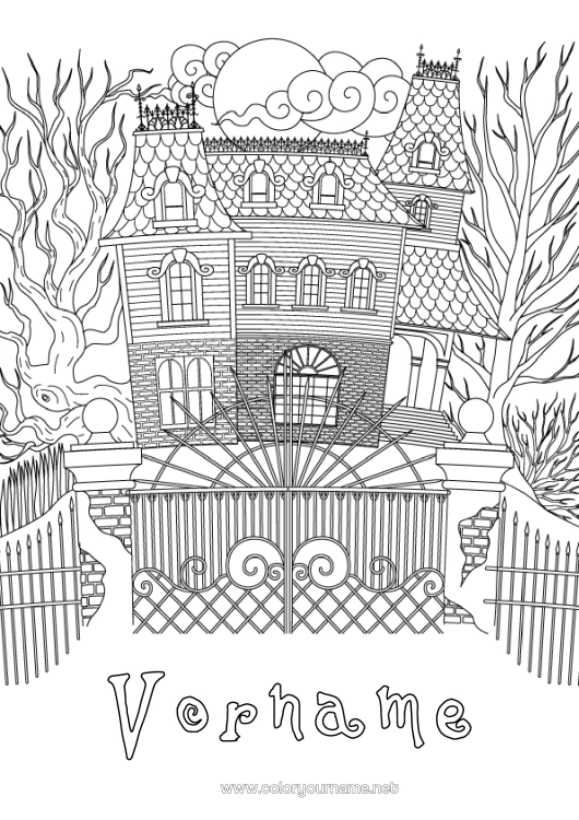 Malvorlage zum Ausdrucken Halloween Haus Zentangle Spukhaus