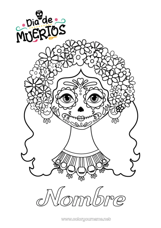Dibujo para colorear para imprimir Flores Día de los Muertos Catrina