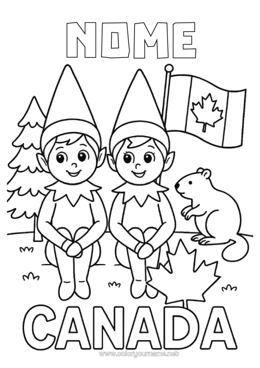 Página de desenho para imprimir Elfo de Natal Páginas para colorir de elfos Canadá Viagem do Elfo de Natal Vários duendes travessos Duendes de Natal Viajantes