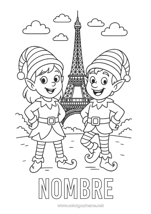 Dibujo para colorear para imprimir Elfos de navidad Dibujos de Elfos para colorear Torre Eiffel Paris Carreras de exploración Monument Viaje del duende navideño Varios duendes traviesos 🇪🇸 Duendes de Navidad Viajeros
