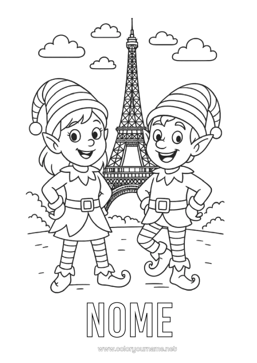 Pagina da colorare da stampare Elfo di Natale Pagine da colorare degli elfi Torre Eiffel Parigi Mestieri di esplorazione Monumento Viaggio dell'elfo di Natale Diversi elfi birichini Folletti di Natale Viaggiatori