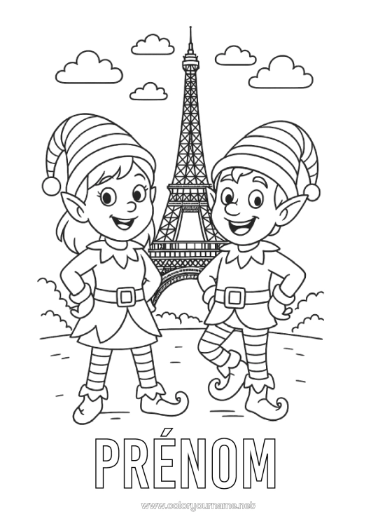 Coloriage à imprimer Lutins de Noël Coloriages lutins Tour Eiffel Paris Métiers d'exploration Monument Voyage de lutin farceur Plusieurs lutins farceurs Coloriage Lutins farceurs Voyageurs