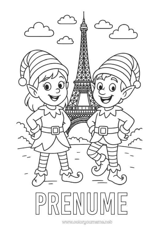 Pagină de colorat de imprimat Moșneguții de Crăciun Desene de colorat cu spiriduși Turnul Eiffel Paris Meserii de explorare Monument Călătoria elfului de Crăciun Mai mulți spiriduși poznași Desen de colorat pentru Păcălici Călători