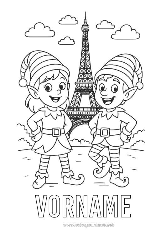 Malvorlage zum Ausdrucken Weihnachtself Elfen Ausmalbilder Eiffelturm Paris Erkundungsberufe Denkmal Reise des Weihnachtselfen Mehrere Wichtel Reisende Weihnachtswichtel