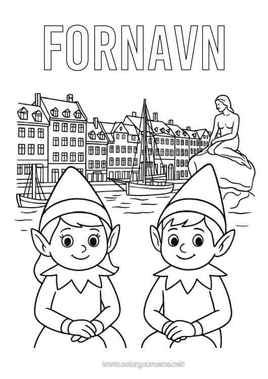 Farvelægningssiden til udskrivning Jule-nisser Farvelægningsnisser Julefejls rejse Danmark Flere drillenisser Farvelægningsbog for rejsende drille-nisser