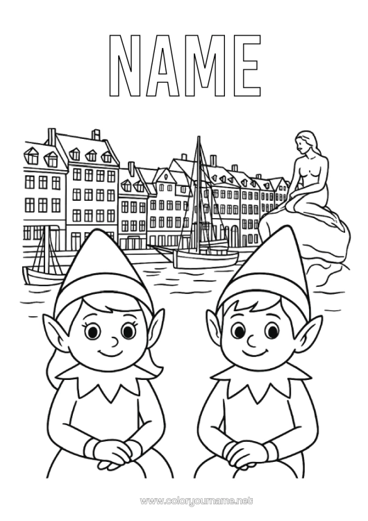 Colouring page to print Christmas Elves Elf Colouring Pages Mischievous Elf's Journey Denmark Several Mischievous Elves. Colouring Mischievous Travelling Goblins