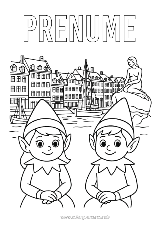 Pagină de colorat de imprimat Moșneguții de Crăciun Desene de colorat cu spiriduși Călătoria elfului de Crăciun Danemarca Mai mulți spiriduși poznași Desen de colorat pentru Păcălici Călători