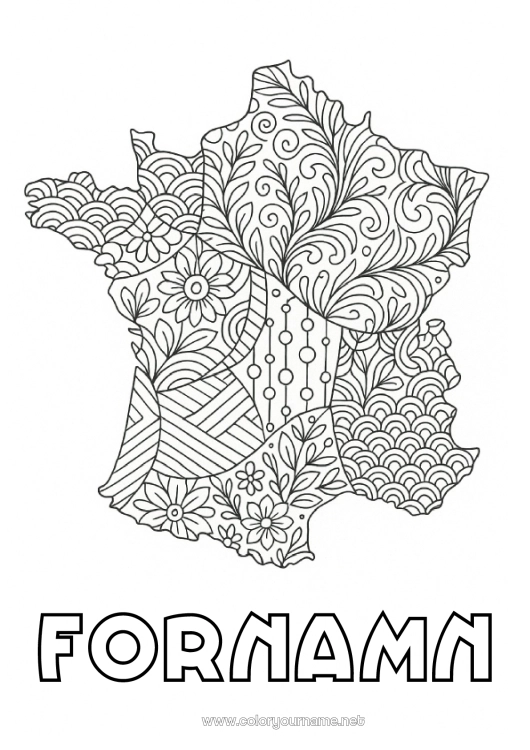Färgläggningssida att skriva ut Frankrike Zentangle Landskarta