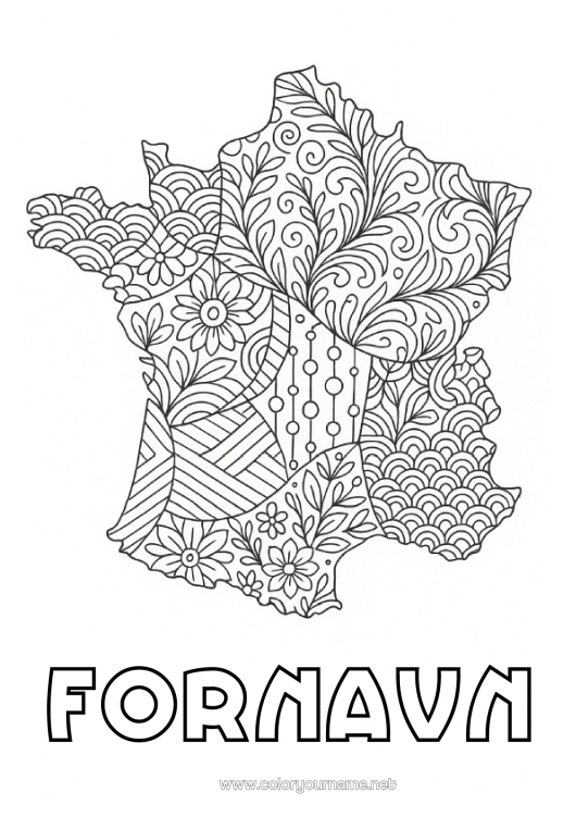 Farvelægningssiden til udskrivning Frankrig Zentangle Kort over lande