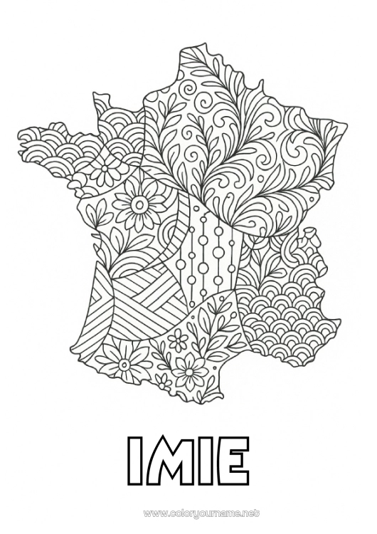Kolorowanka do wydruku Francja Zentangle Mapa krajów