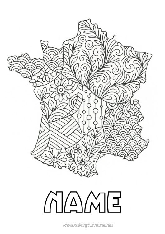Colouring page to print France Zentangle Map Of Countries