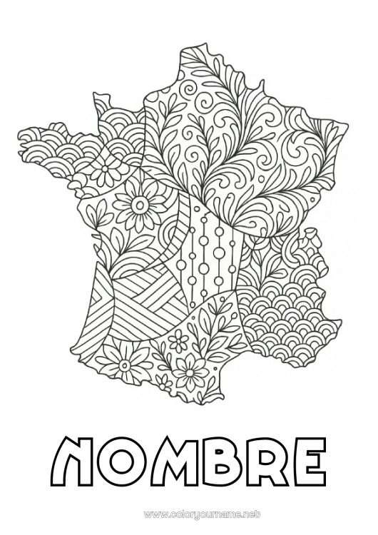 Dibujo para colorear para imprimir Francia Zentangle Mapa del pais