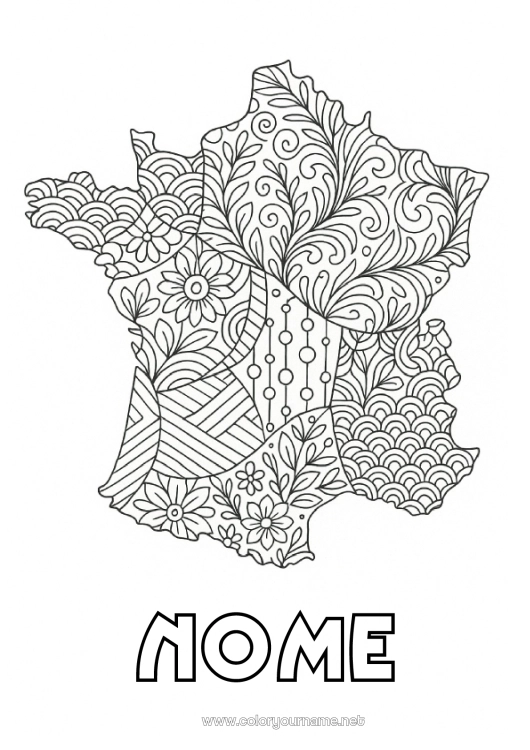 Página de desenho para imprimir França Zentangle Mapa dos países