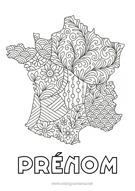 Coloriage à imprimer France Zentangle Carte des pays