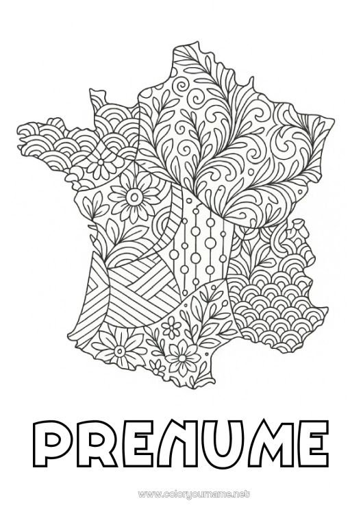 Pagină de colorat de imprimat Franța Zentangle Hartă a țărilor