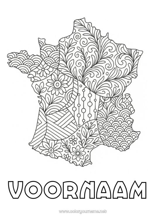 Kleurplaat om af te drukken Frankrijk Zentangle Wereldkaart