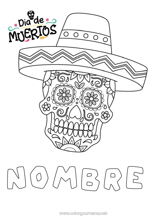 Dibujo para colorear para imprimir Día de los Muertos México Calaveras Sombrero