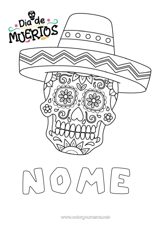 Pagina da colorare da stampare Giorno dei Morti Messico Calaveras, teste di morto Sombrero