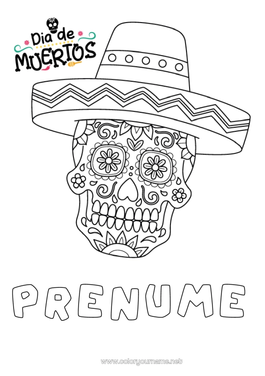 Pagină de colorat de imprimat Ziua Morților Mexic Calaveras, capete de mort Sombrero