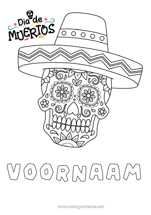 Kleurplaat om af te drukken Dia de los Muertos Mexico Calaveras, schedels Sombrero