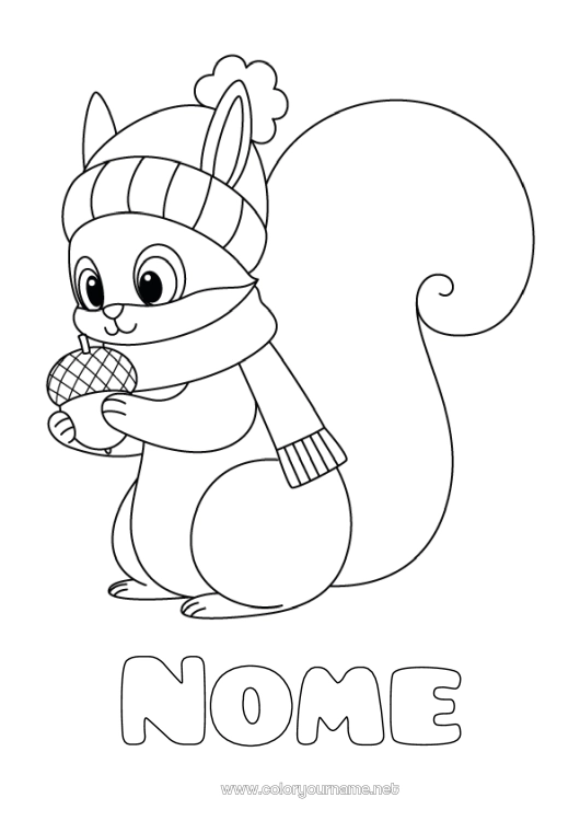 Página de desenho para imprimir Esquilo Animal Animais da floresta Glândula Gorro de Inverno