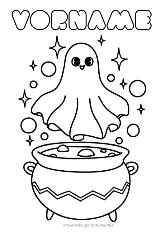 Malvorlage zum Ausdrucken Geist Zaubernder Kessel Halloween Einfache Ausmalbilder