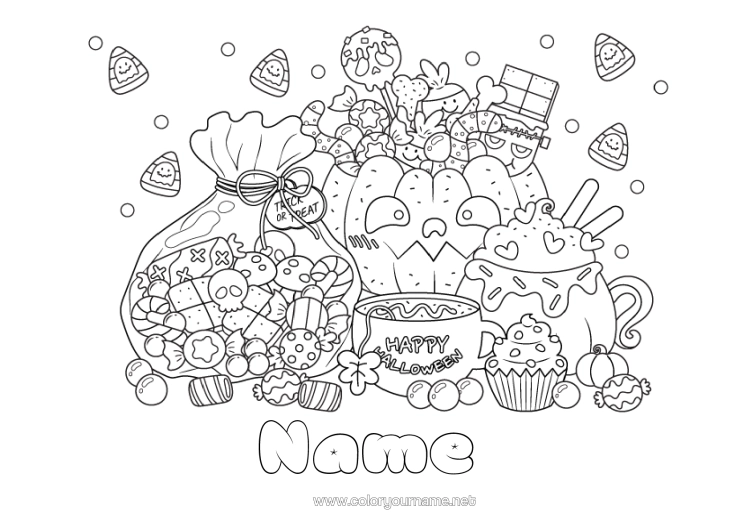 Colouring page to print Sweets Monster Pumpkin Halloween Treats, Sweets Pacifier Zombie