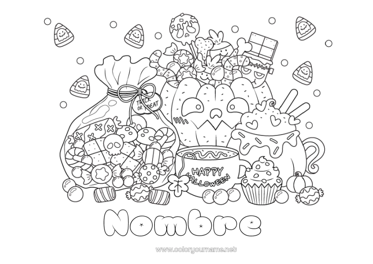 Dibujo para colorear para imprimir Caramelos Monstruo Calabaza Halloween Golosinas Chupeta Zombi