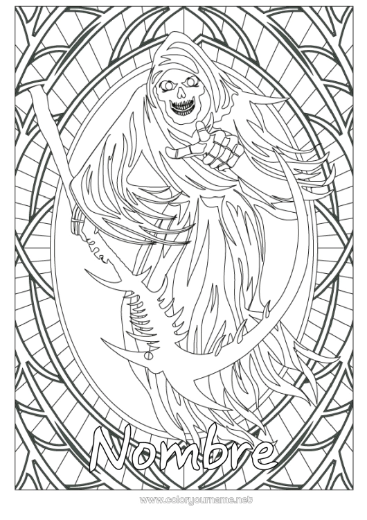 Dibujo para colorear para imprimir Monstruo Esqueleto Halloween Dibujos complejos para colorear Aterrador Cosechadora