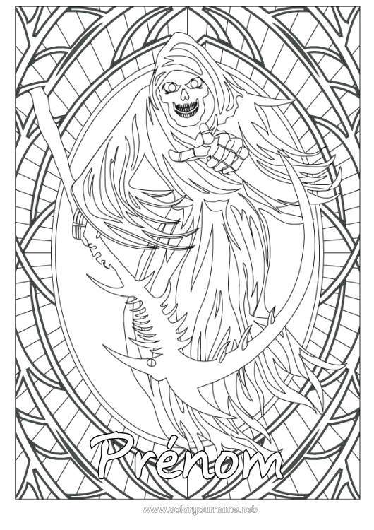 Coloriage à imprimer Monstre Squelette Halloween Coloriages complexes Effrayant Faucheuse