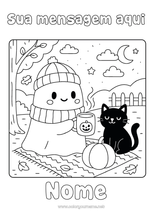 Página de desenho para imprimir Fantasma Abóbora Gato preto Fofo Gato Kawaii Outono Caneca Bebida Cães e gatos Gorro de Inverno Folhas secas