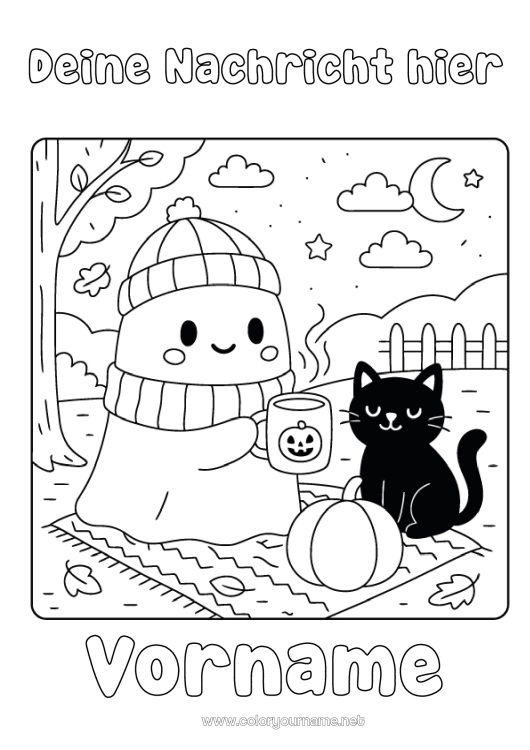 Malvorlage zum Ausdrucken Geist Kürbis Schwarze Katze Niedlich Katze Kawaii Herbst Tasse Getränk Hunde und Katzen Wintermütze Tote Blätter