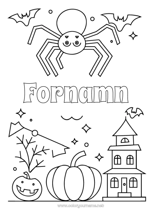Färgläggningssida att skriva ut Fladdermus Pumpa Spindel Halloween Lätta målarbilder Insekter Fåglar och flygande däggdjur Spökhus