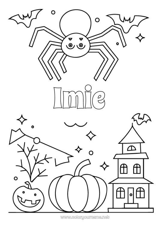 Kolorowanka do wydruku Nietoperz Dynia Pająk Halloween Łatwe Kolorowanki Owady Ptaki I Latające Ssaki Zamczysko Nawiedzone