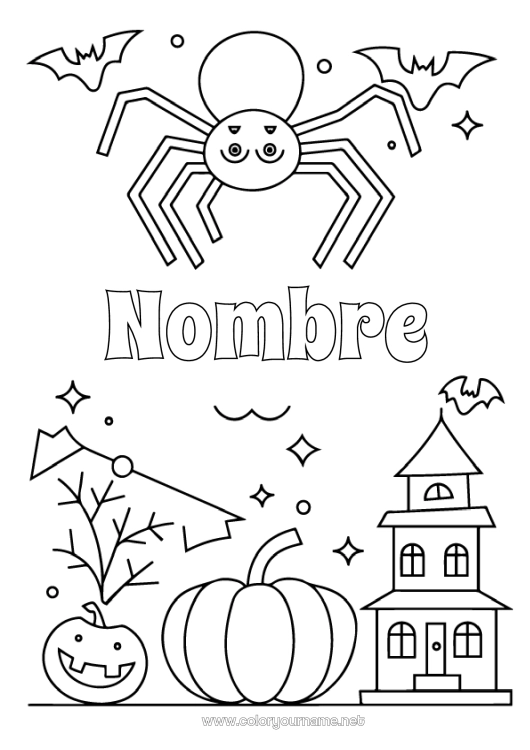 Dibujo para colorear para imprimir Murciélago Calabaza Araña Halloween Dibujos fáciles para colorear Insectos Aves y mamíferos voladores Manor embrujado
