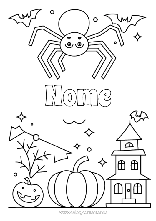 Página de desenho para imprimir Morcego Abóbora Aranha Halloween Desenhos para colorir fáceis Insetos Pássaros e mamíferos voadores Mansão Assombrada