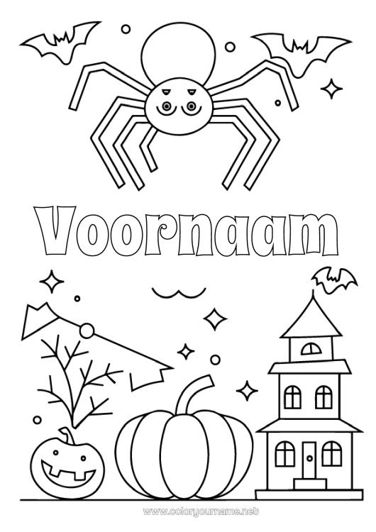 Kleurplaat om af te drukken Vleermuis Pompoen Spin Halloween Eenvoudige kleurplaten Insecten Vogels en vliegende zoogdieren Spookhuis