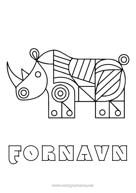 Farvelægningssiden til udskrivning Dyr Nem farvelægning Afrikanske vilde dyr Geometriske former Næsehorn