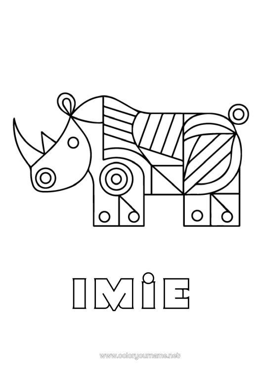 Kolorowanka do wydruku Zwierzę Łatwe kolorowanki Dzikie zwierzęta Afryki Formy geometryczne Rhinoceroś.
