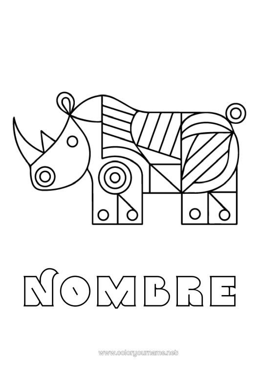 Dibujo para colorear para imprimir Animales Dibujos fáciles para colorear Animales salvajes de África Formas geométricas Rinoceronte