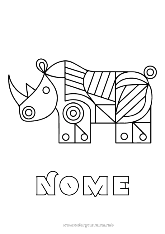 Pagina da colorare da stampare Animale Disegni da colorare facili Animali selvatici dell'Africa Forme geometriche Rinoceronte
