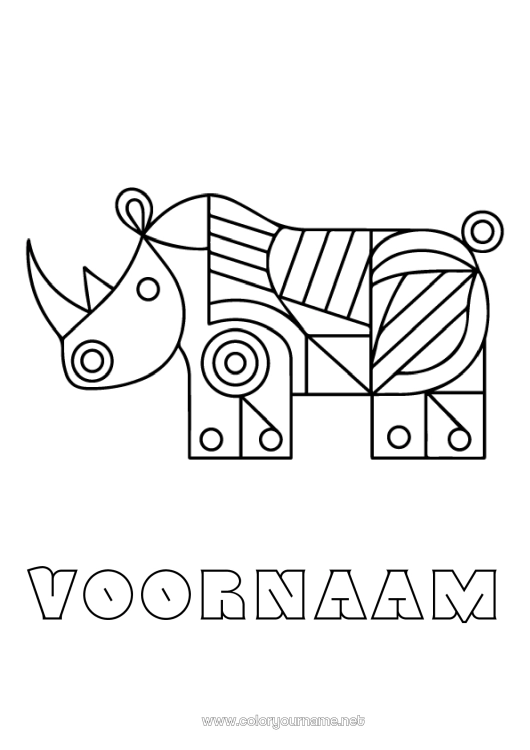 Kleurplaat om af te drukken Dier Eenvoudige kleurplaten Wilde dieren van Afrika Geometrische vormen Rhinoceros