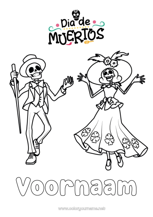 Kleurplaat om af te drukken Skelet Dia de los Muertos Calaveras, schedels
