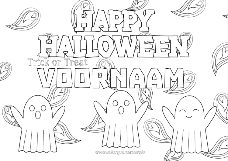 Kleurplaat om af te drukken Spook Snoep of een spreuk? Halloween Inscriptie 'halloween'