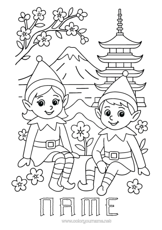 Colouring page to print Christmas Elves Elf Colouring Pages Japan Mischievous Elf's Journey Several Mischievous Elves. Colouring Mischievous Travelling Goblins