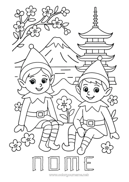 Página de desenho para imprimir Elfo de Natal Páginas para colorir de elfos Japão Viagem do Elfo de Natal Vários duendes travessos Duendes de Natal Viajantes