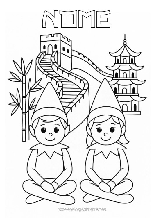 Pagina da colorare da stampare Elfo di Natale Pagine da colorare degli elfi Cina Viaggio dell'elfo di Natale Diversi elfi birichini Folletti di Natale Viaggiatori